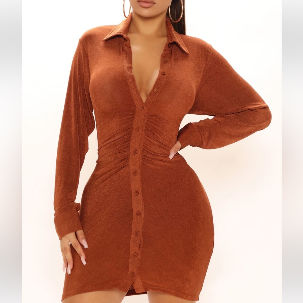 Brown Ruched Nights To Think About Shirt Dress NWT